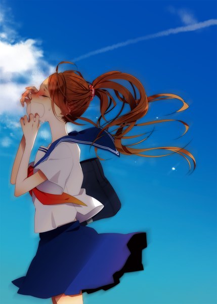 Anime picture 1293x1810 with original naoto (tulip) single long hair tall image brown hair sky cloud (clouds) ponytail eyes closed wind crying girl serafuku school bag