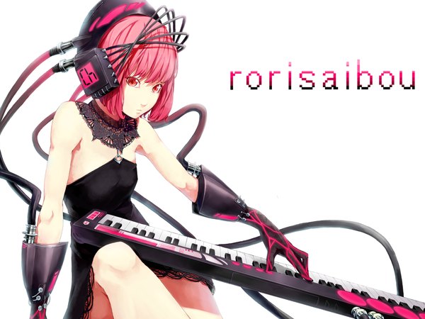 Anime picture 1000x750 with original sousou (sousouworks) single short hair red eyes white background bare shoulders pink hair inscription girl dress gloves elbow gloves headphones black dress wire (wires) multicolored gloves keyboard (instrument) synthesizer