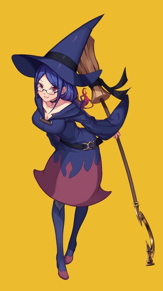 Anime picture 1080x1920 with little witch academia studio trigger ursula charistes sanbaisoku ikaros single long hair tall image looking at viewer simple background smile red eyes cleavage purple hair full body leaning leaning forward yellow background witch girl hat