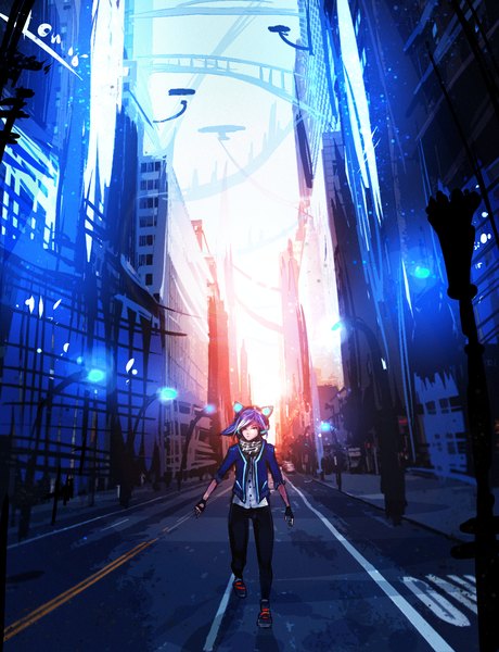 Anime picture 1277x1664 with original axent wear headphones ryky single tall image fringe short hair pink hair outdoors multicolored hair wind two-tone hair walking street girl gloves black gloves jacket headphones scarf