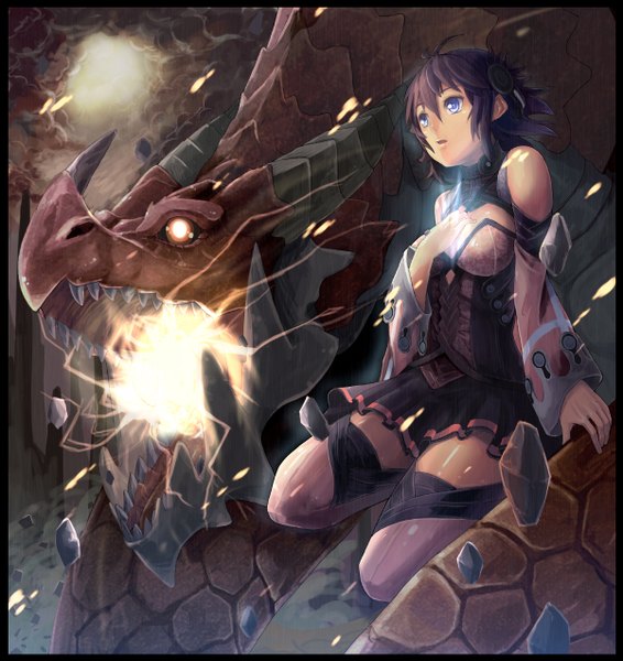Anime picture 1201x1272 with original matsumoto mitsuaki tall image short hair blue eyes black hair bare shoulders horn (horns) glowing glowing eye (eyes) girl thighhighs detached sleeves fire dragon