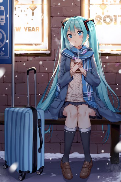 Anime picture 709x1063 with vocaloid hatsune miku douya (233) single tall image blush fringe blue eyes hair between eyes sitting twintails holding looking away full body outdoors very long hair aqua hair :o snowing snow