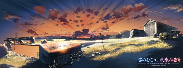 Anime picture 2400x900 with kumo no mukou yakusoku no basho highres wide image landscape dualscreen