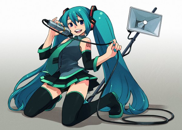 Anime picture 1400x1000 with vocaloid hatsune miku chanu00d7co blush open mouth twintails nail polish pleated skirt teeth shadow zettai ryouiki kneeling girl thighhighs skirt detached sleeves necktie headphones thigh boots vest