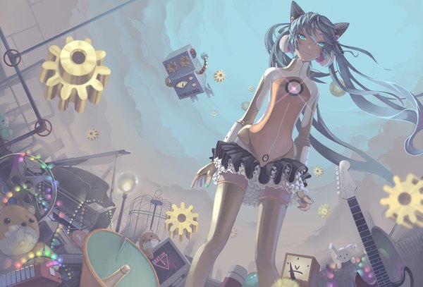 Anime picture 1653x1122 with project diva f vocaloid odds & ends (vocaloid) hatsune miku madyy single long hair looking at viewer blue eyes twintails animal ears sky cloud (clouds) nail polish aqua eyes light smile pointy ears cat ears alternate costume girl