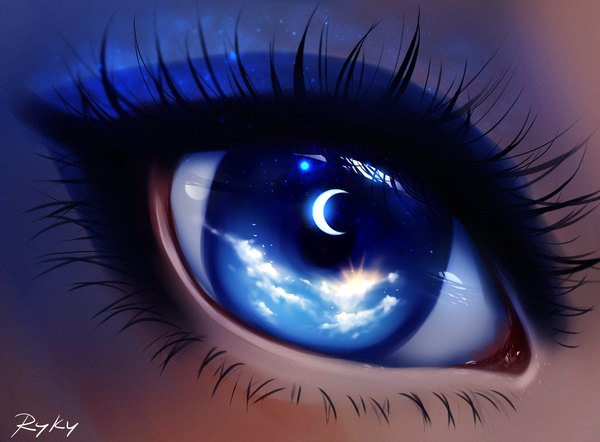 Anime picture 1279x943 with original ryky single looking at viewer signed cloud (clouds) night night sky reflection close-up eyeshadow glow crescent makeup girl moon star (stars) eye