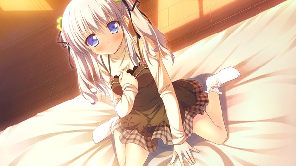 Anime picture 1280x720 with clover day's single long hair looking at viewer blush blue eyes wide image twintails game cg white hair girl dress ribbon (ribbons) hair ribbon socks white socks