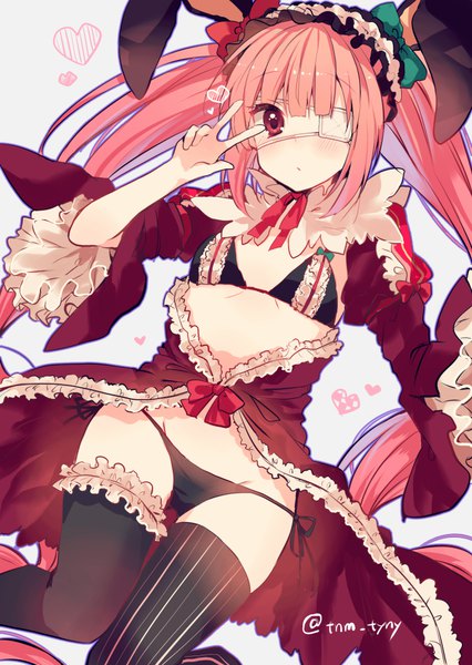 Anime picture 700x986 with original ikeuchi tanuma single tall image looking at viewer blush light erotic simple background red eyes white background twintails signed animal ears payot pink hair bent knee (knees) very long hair wide sleeves :o bunny ears