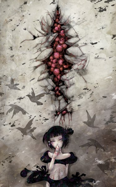 Anime picture 1106x1780 with original funakura single tall image fringe short hair black hair blunt bangs head tilt midriff hair bun (hair buns) silver eyes asymmetrical hair destruction crack bad anatomy girl navel animal bird (birds)