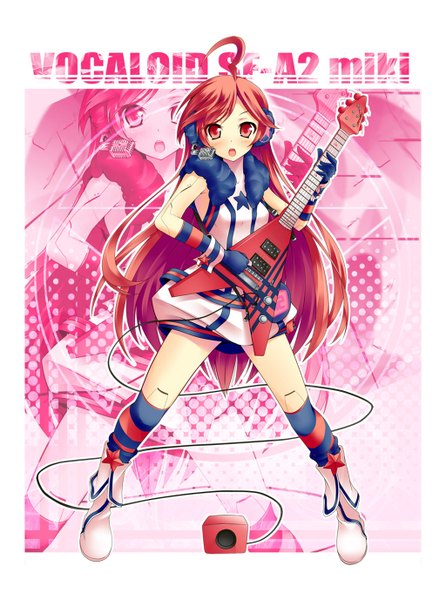 Anime picture 1024x1377 with vocaloid miki (vocaloid) tagme (artist) single long hair tall image looking at viewer blush open mouth red eyes red hair inscription border striped zoom layer girl thighhighs gloves headphones star (symbol)