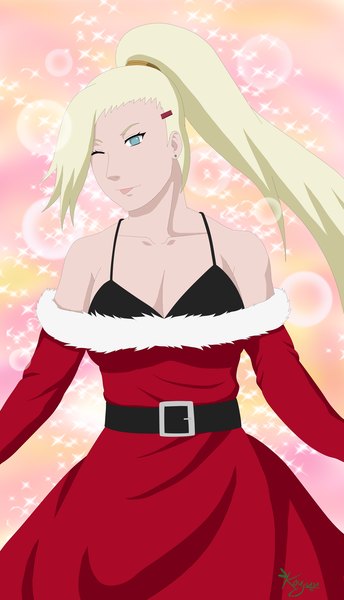 Anime picture 3090x5388 with naruto studio pierrot naruto (series) yamanaka ino single long hair tall image highres blue eyes light erotic blonde hair absurdres christmas :p girl dress hair ornament earrings hairclip