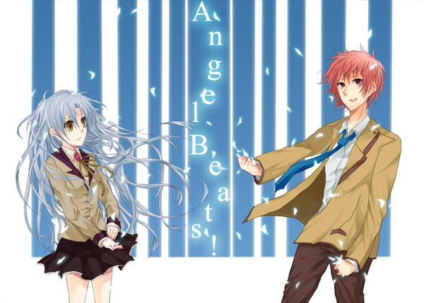 Anime picture 1917x1371 with angel beats! key (studio) tachibana kanade otonashi yuzuru pumimi long hair highres red eyes yellow eyes silver hair ahoge red hair couple girl boy petals serafuku necktie