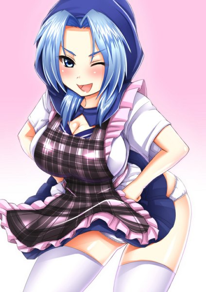 Anime picture 707x1000 with touhou kumoi ichirin ebi 193 single tall image blush short hair breasts open mouth blue eyes light erotic simple background smile large breasts blue hair cleavage one eye closed wink pink background girl