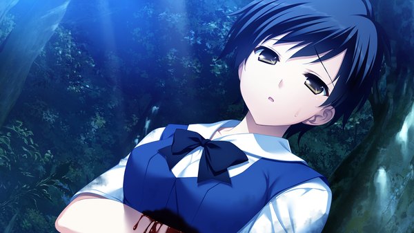 Anime picture 1280x720 with grisaia no kajitsu short hair black hair wide image brown eyes game cg night girl plant (plants) tree (trees) blood