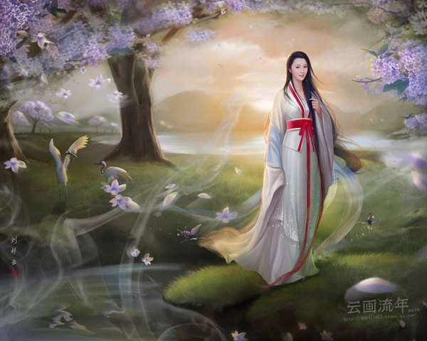 Anime picture 1280x1024 with hiliuyun (artist) long hair black hair sky traditional clothes light smile realistic cherry blossoms chinese clothes smoke girl flower (flowers) plant (plants) animal tree (trees) bird (birds) grass