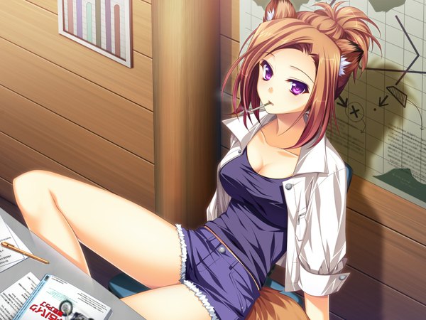 Anime picture 1600x1200 with otomimi infinity (game) nagumo ryouko single long hair short hair brown hair purple eyes animal ears game cg cleavage open clothes open shirt legs smoking girl shorts