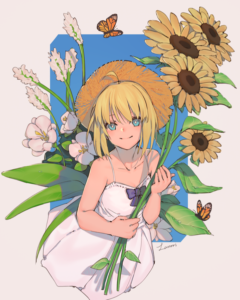 Anime picture 800x1002 with fate (series) fate/stay night artoria pendragon (all) saber lanzi (415460661) single tall image looking at viewer short hair blue eyes blonde hair smile bare shoulders signed ahoge from above summer girl dress flower (flowers)