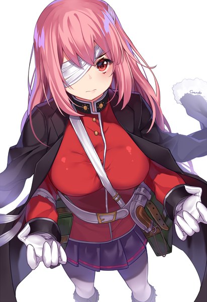 Anime picture 688x1000 with fate (series) fate/grand order florence nightingale (fate) gendo0032 single long hair looking at viewer breasts simple background red eyes large breasts standing white background signed payot pink hair pleated skirt from above mouth hold alternate hairstyle