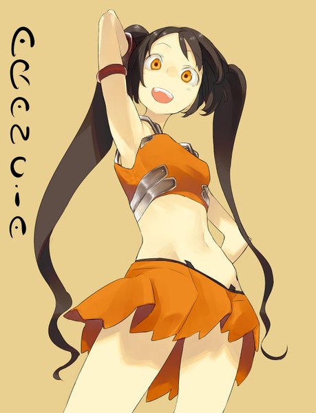 Anime picture 1147x1500 with arancia project original arancia hama2224 single long hair tall image open mouth simple background brown hair twintails inscription orange eyes hand on hip orange background girl skirt navel miniskirt skirt set