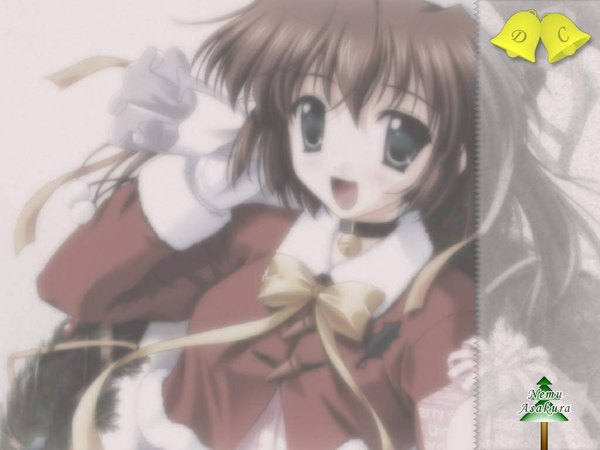 Anime picture 1024x768 with da capo asakura nemu nanao naru single looking at viewer short hair open mouth brown hair purple eyes :d wallpaper character names christmas third-party edit bell collar girl bow ribbon (ribbons) choker bell