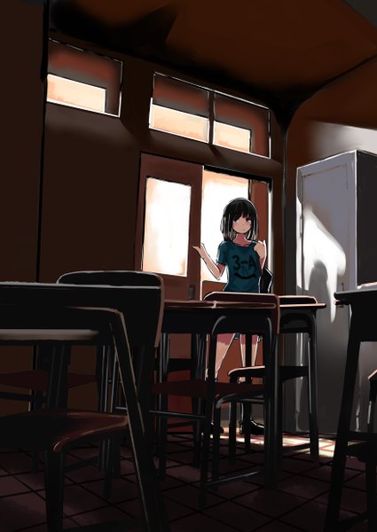 Anime picture 876x1237 with original asterism single long hair tall image looking at viewer blush blue eyes black hair smile shadow classroom girl chair t-shirt table school bag door