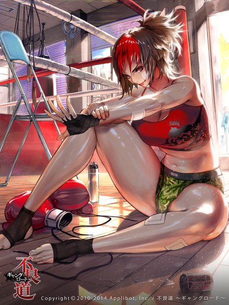 Anime picture 3000x4000 with furyou michi ~gang road~ nightmadness single tall image looking at viewer highres short hair light erotic smile red eyes multicolored hair lips two-tone hair legs girl gloves underwear panties fingerless gloves t-shirt