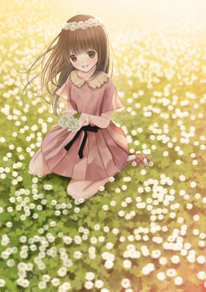Anime picture 826x1169 with original chikuwa (odennabe) single long hair tall image looking at viewer blush open mouth brown hair brown eyes dress flower (flowers) plant (plants) socks white socks grass sandals wreath dandelion