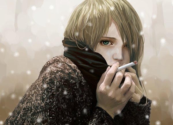 Anime picture 1178x849 with original ichihara single long hair looking at viewer fringe blonde hair holding green eyes fingernails hair over one eye snowing winter smoking girl scarf sweater cigarette