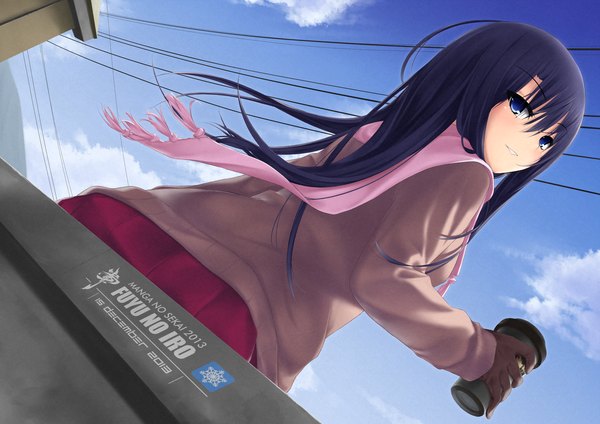 Anime picture 3507x2480 with original eliora frostine (original) kopianget single long hair highres blue eyes black hair smile absurdres sky cloud (clouds) looking back from below dutch angle girl gloves scarf sweater drink