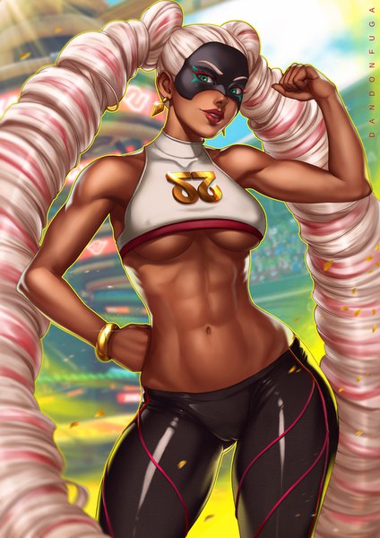 Anime picture 630x891 with arms (game) twintelle (arms) dandon fuga single long hair tall image looking at viewer breasts light erotic twintails green eyes signed pink hair white hair very long hair arm up lips realistic midriff hand on hip