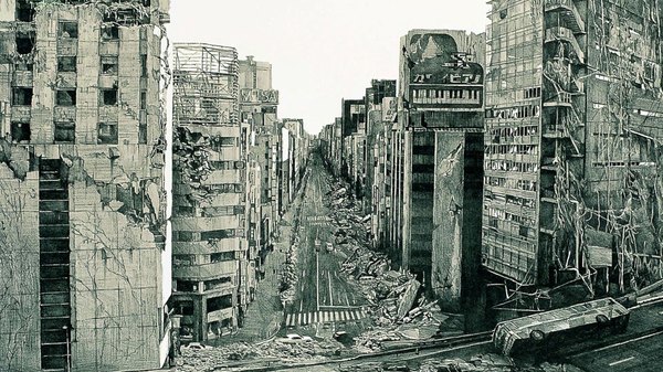 Anime picture 1920x1080 with tokyo magnitude 8.0 kinema citrus highres wide image monochrome cityscape ruins panorama post-apocalyptic building (buildings) ground vehicle road bus
