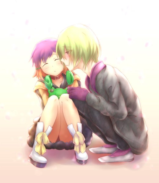 Anime picture 1150x1325 with aquarion (series) aquarion evol satelight jin musou yunoha thrul tall image blush short hair simple background blonde hair white background sitting purple hair eyes closed multicolored hair orange hair squat girl boy