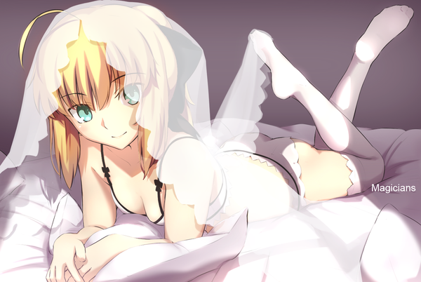 Anime picture 1355x910 with fate (series) fate/stay night artoria pendragon (all) saber magicians (zhkahogigzkh) single looking at viewer short hair blue eyes light erotic blonde hair girl thighhighs underwear panties white thighhighs lingerie bra