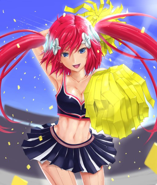 Anime picture 1227x1441 with cardfight!! vanguard cheer girl tiara saty-rokuji (artist) single long hair tall image looking at viewer open mouth light erotic smile twintails cleavage red hair pleated skirt arms up armpit (armpits) midriff lens flare arms behind head cheerleader