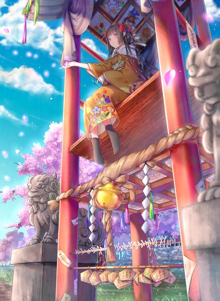 Anime picture 1100x1505 with original kyashii (a3yu9mi) single long hair tall image looking at viewer fringe blue eyes black hair smile sitting holding sky cloud (clouds) full body bent knee (knees) outdoors blunt bangs traditional clothes japanese clothes
