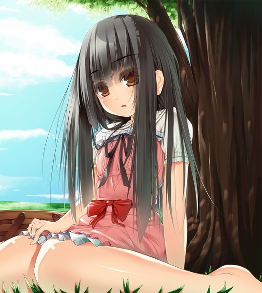 Anime picture 1119x1250 with original peragura single long hair tall image looking at viewer black hair brown eyes girl dress plant (plants) tree (trees)