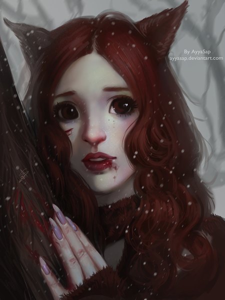 Anime picture 1536x2048 with ayyasap single long hair tall image looking at viewer red eyes animal ears red hair nail polish fingernails lips realistic snowing snow girl blood