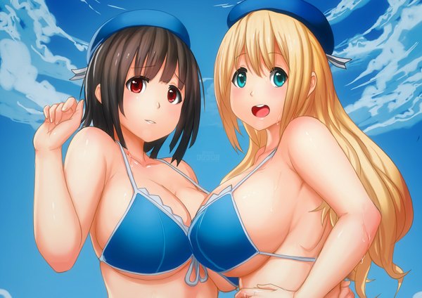 Anime picture 1600x1131 with kantai collection atago heavy cruiser takao heavy cruiser erkaz long hair blush short hair breasts open mouth blue eyes light erotic black hair blonde hair red eyes large breasts multiple girls sky cloud (clouds) girl 2 girls