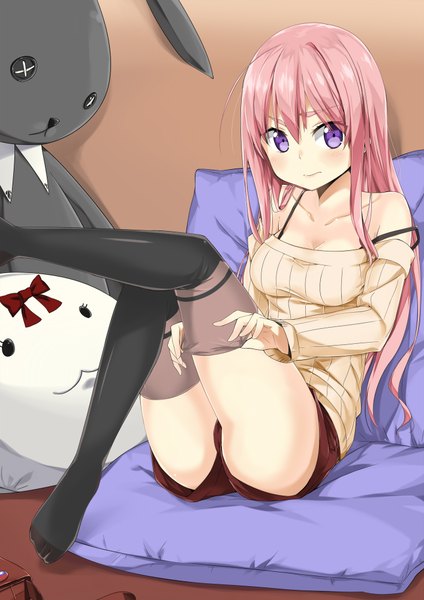 Anime picture 1414x2000 with original @ichigo single long hair tall image looking at viewer blush purple eyes bare shoulders pink hair girl thighhighs black thighhighs shorts toy stuffed animal