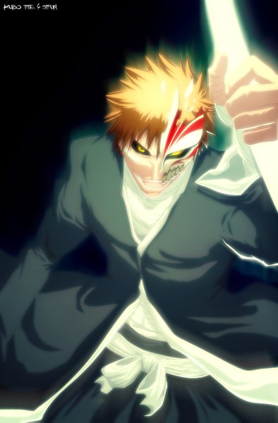 Anime picture 1024x1559 with bleach studio pierrot kurosaki ichigo stfun single tall image short hair open mouth smile yellow eyes japanese clothes orange hair coloring black background light boy weapon sword belt kimono