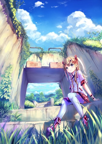 Anime picture 1893x2678 with original nattorin single long hair tall image blush highres blue eyes blonde hair sitting twintails sky cloud (clouds) from below plaid skirt girl thighhighs skirt uniform hair ornament
