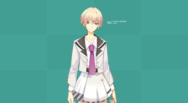 Anime picture 1282x706 with tsukiuta terase yuno tagme (artist) single looking at viewer short hair simple background blonde hair smile wide image green eyes aqua eyes light smile official art character names aqua background girl uniform school uniform necktie