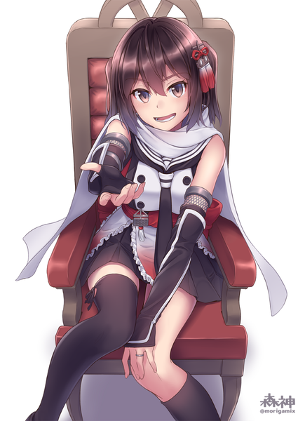 Anime picture 871x1200 with kantai collection sendai light cruiser morigami (morigami no yashiro) single tall image looking at viewer fringe short hair simple background smile hair between eyes brown hair white background sitting brown eyes signed pleated skirt fingernails teeth two side up