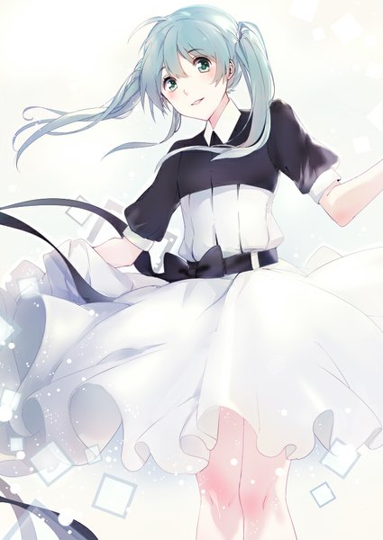 Anime picture 700x989 with vocaloid hatsune miku satonishi single long hair tall image looking at viewer blush fringe simple background smile standing white background twintails ahoge aqua eyes aqua hair from below spread arms girl