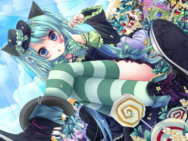 Anime picture 1024x768 with vocaloid hatsune miku long hair blush open mouth blue eyes twintails animal ears nail polish cat ears aqua hair loli girl thighhighs dress flower (flowers) bow hat food sweets