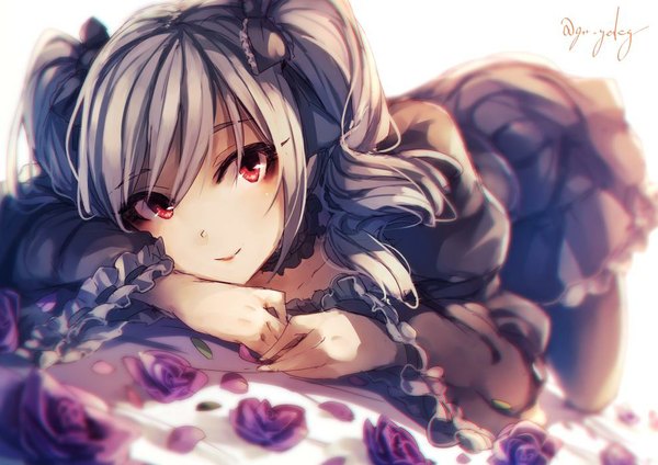 Anime picture 990x700 with idolmaster idolmaster cinderella girls kanzaki ranko kyouya (mukuro238) single long hair looking at viewer blush fringe smile red eyes twintails signed lying grey hair wide sleeves drill hair lolita fashion girl flower (flowers)