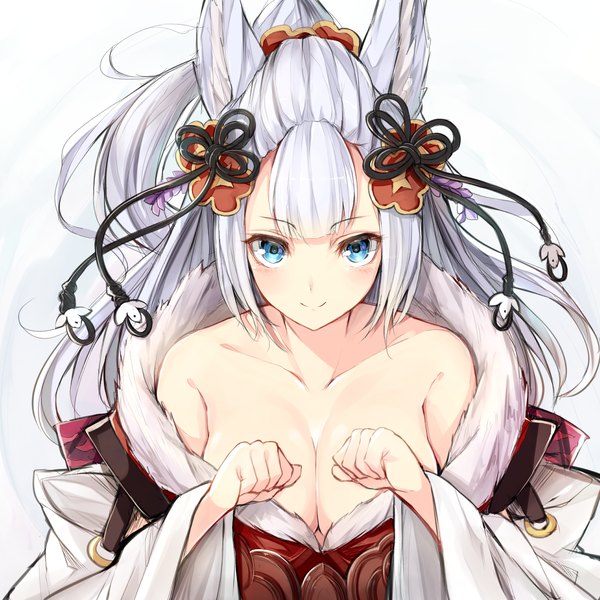 Anime picture 1300x1300 with granblue fantasy socie (granblue fantasy) watao single long hair looking at viewer blush fringe breasts blue eyes light erotic simple background smile large breasts white background bare shoulders animal ears payot cleavage silver hair