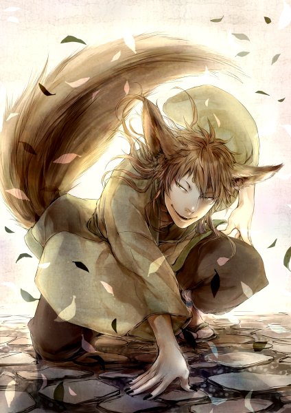Anime picture 848x1200 with original uraki (tetsu420) single long hair tall image simple background smile brown hair animal ears yellow eyes looking away tail traditional clothes animal tail teeth fang (fangs) fox ears fox tail squat fox boy