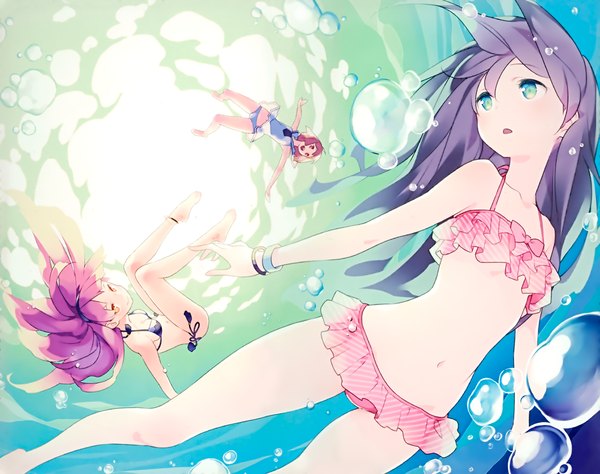 Anime picture 2124x1678 with original gayarou long hair highres short hair open mouth light erotic brown hair multiple girls green eyes looking away purple hair orange eyes spread arms underwater girl navel uniform underwear panties