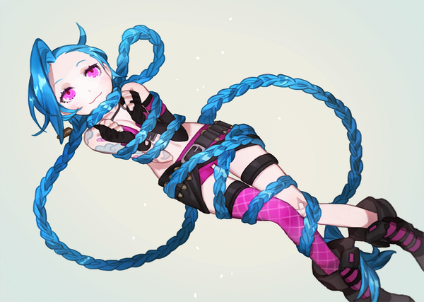 Anime picture 1023x729 with league of legends jinx (league of legends) gwayo single simple background smile looking away ahoge bent knee (knees) lying braid (braids) very long hair pink eyes midriff on back tattoo twin braids knees touching girl thighhighs